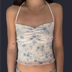 Garage White and Light Blue Floral Spaghetti Strap Crop Top